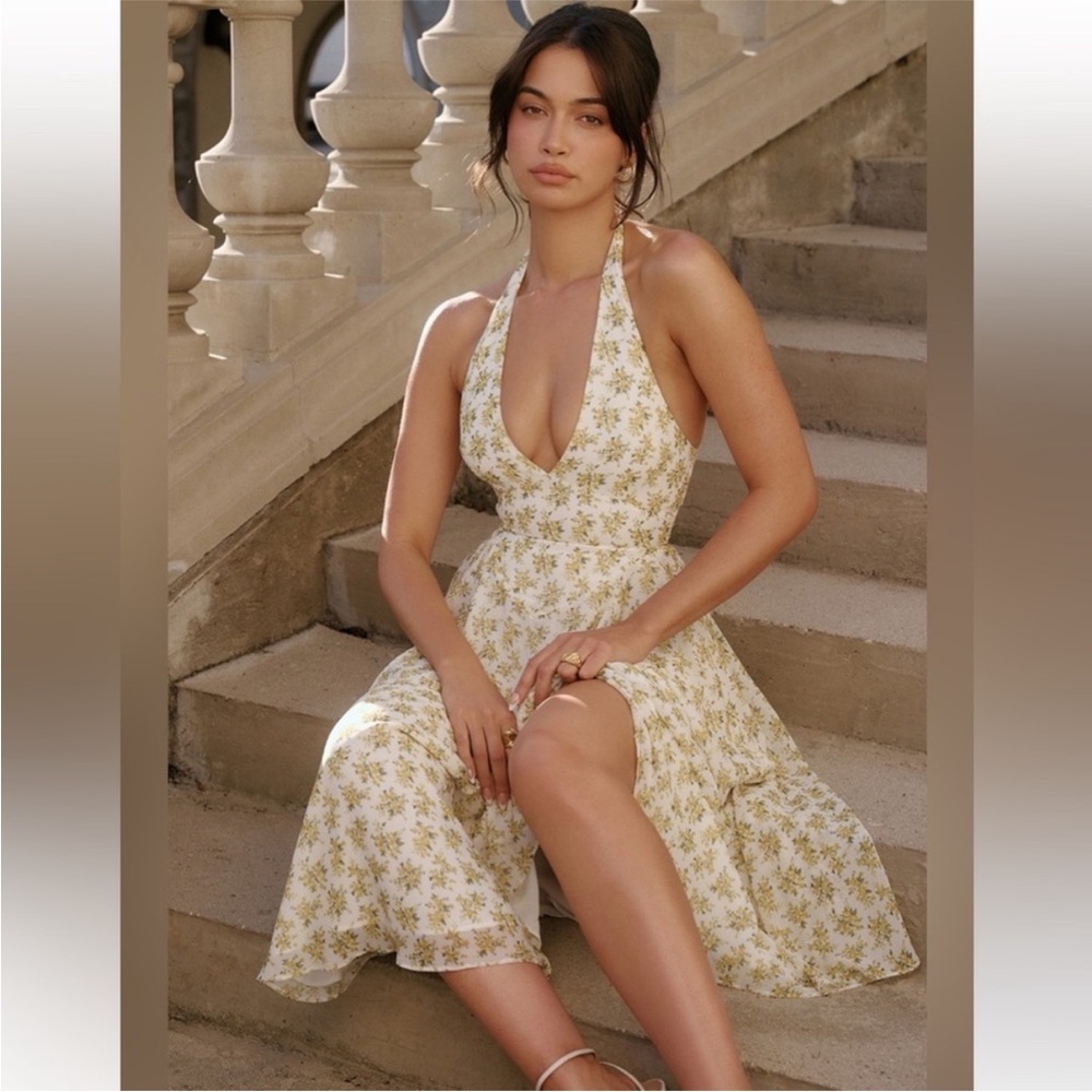 House of CB Ivory Vintage Floral Print Georgette Halter Sundress - Picture 2 of 9